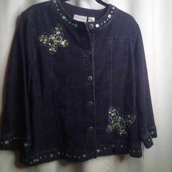 Alfred Dunner Jean Jacket 10P 10 Petite Button Up Butterfly Beading Denim Blue - Picture 1 of 15